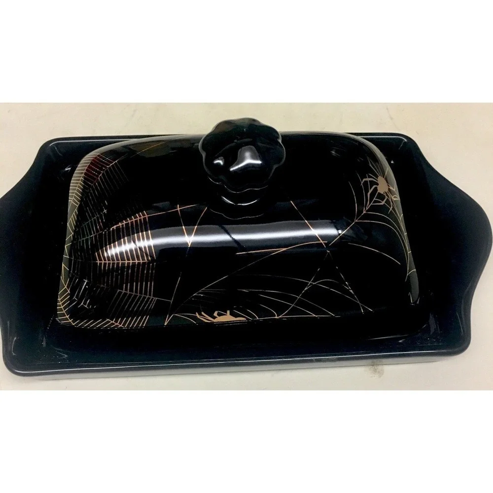 Park Chateau Spooky Ceramic Halloween Black Butter Dish With Gold Spiders & Webs